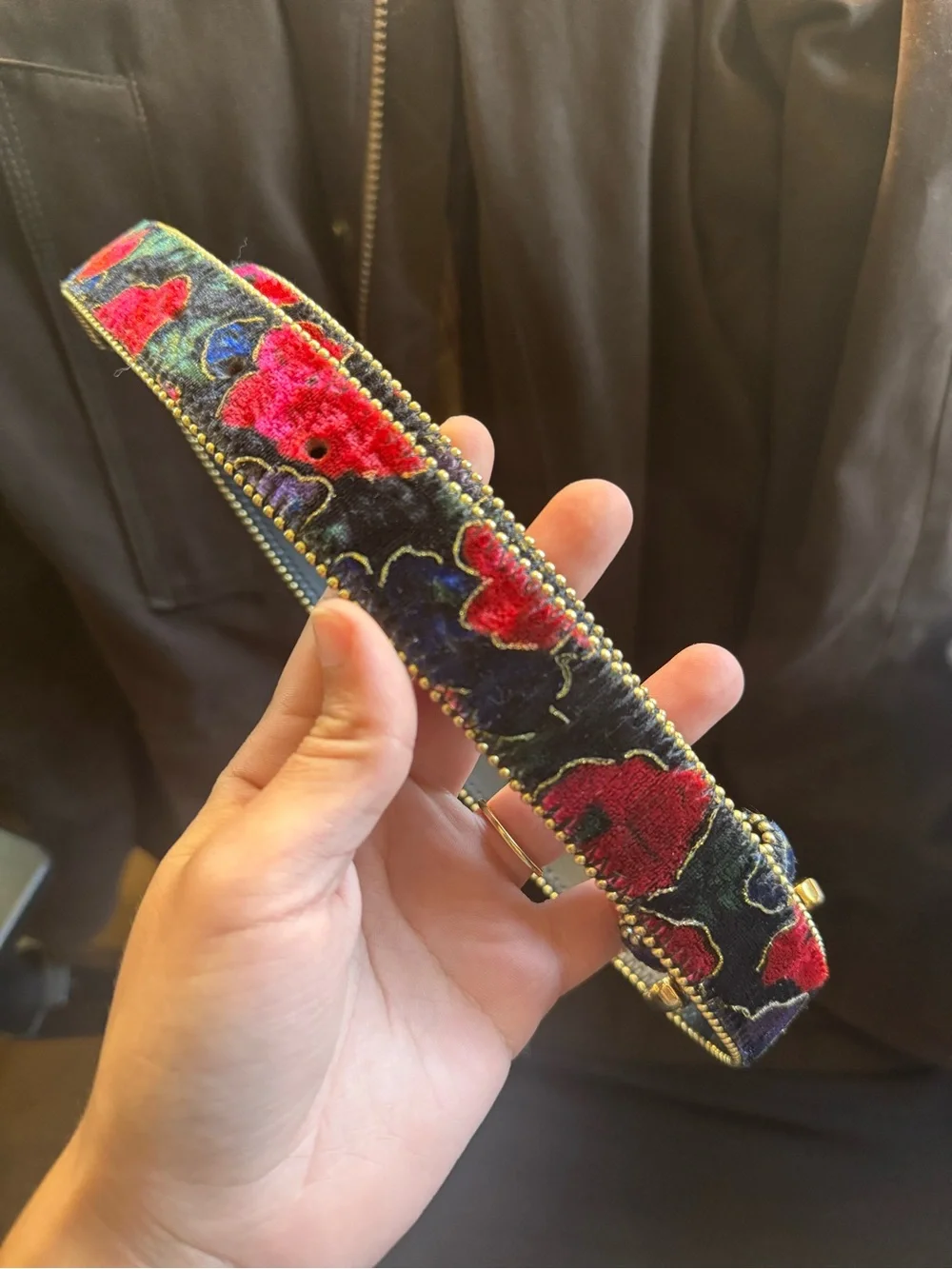 Vintage 1990’s Tapestry & Leather Belt With Gold Buckle